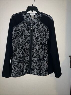 Black Lace-Overlay Zip Front Jacket by London Times
